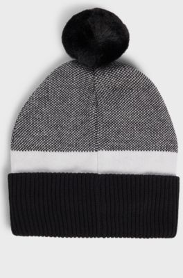 Kids' beanie hat with pompom and jacquard-woven logo, Black