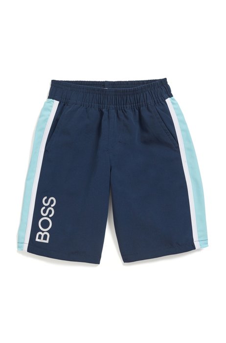 Shorts para niños con rayas y logo estampado plateado, Azul oscuro