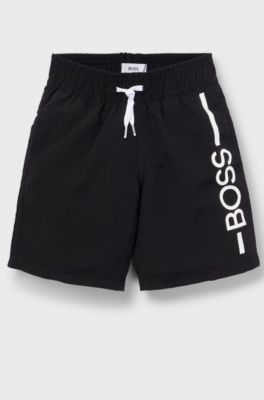 Kids' swim shorts with logo and stripe, Black