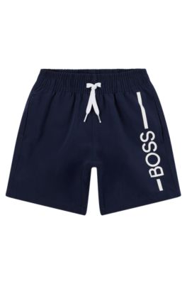 Kids' swim shorts with logo and stripe, Dark Blue