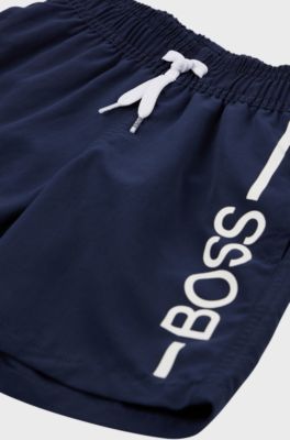 Kids' swim shorts with logo and stripe, Dark Blue