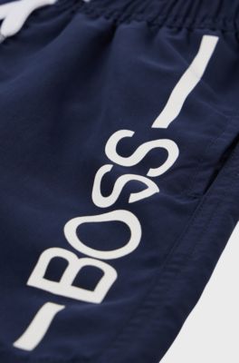 Kids' swim shorts with logo and stripe, Dark Blue
