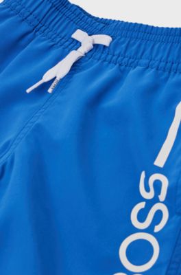 Kids' swim shorts with logo and stripe, Blue