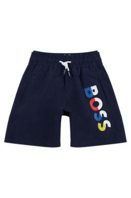 Kids' quick-dry swim shorts with multi-coloured logo, Dark Blue