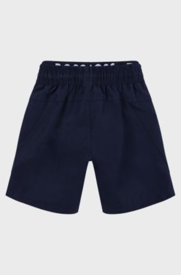 Kids' quick-dry swim shorts with multi-coloured logo, Dark Blue