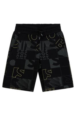 BOSS x AJBXNG Kids' cotton-blend shorts with exclusive all-over print, Black