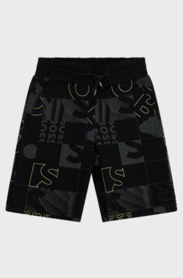 BOSS x AJBXNG Kids' cotton-blend shorts with exclusive all-over print, Black