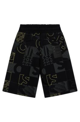 BOSS x AJBXNG Kids' cotton-blend shorts with exclusive all-over print, Black
