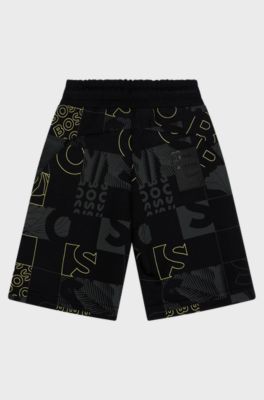BOSS x AJBXNG Kids' cotton-blend shorts with exclusive all-over print, Black