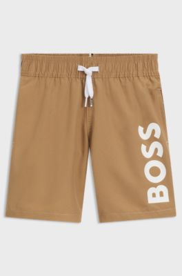 Kids' swim shorts in peached fabric with contrast logo, Brown