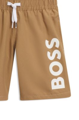 Boxer da mare per bambini in tessuto manopesca con logo a contrasto, Marrone