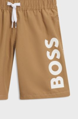 Kids' swim shorts in peached fabric with contrast logo, Brown