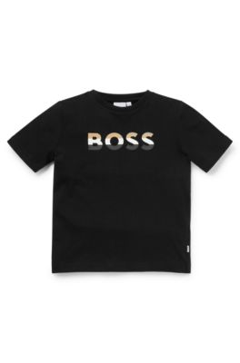 Kids' T-shirt in pure cotton with signature-stripe logo, Black