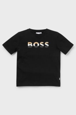 Kids' T-shirt in pure cotton with signature-stripe logo, Black