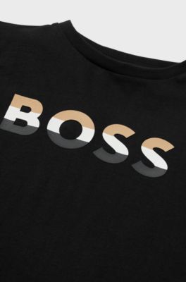 Kids' T-shirt in pure cotton with signature-stripe logo, Black