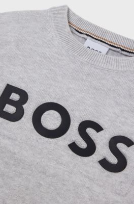 Kids' sweater in combed cotton with embossed logo print, Light Grey