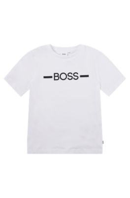Kids' regular-fit cotton T-shirt with stripe and logo, White