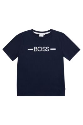 Kids' regular-fit cotton T-shirt with stripe and logo, Dark Blue