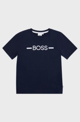 Kids' regular-fit cotton T-shirt with stripe and logo, Dark Blue
