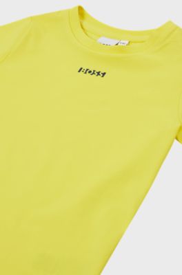 Kids' slim-fit stretch-cotton T-shirt with printed logo, Yellow