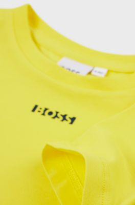 Kids' slim-fit stretch-cotton T-shirt with printed logo, Yellow