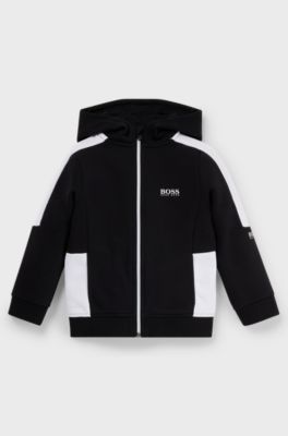 Kids' cotton-blend hooded jacket with logo details, Black