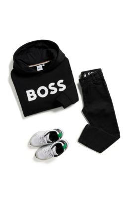 Kids&rsquo; organic-cotton hooded sweatshirt with contrast logo, Black