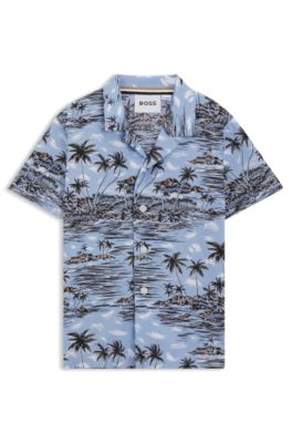 Kids' regular-fit shirt in tropical-print cotton poplin, Light Blue