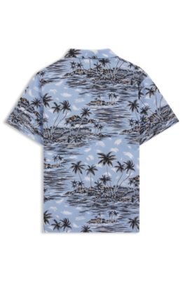 Kids' regular-fit shirt in tropical-print cotton poplin, Light Blue