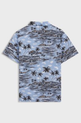 Kids' regular-fit shirt in tropical-print cotton poplin, Light Blue