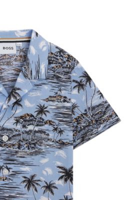 Kids' regular-fit shirt in tropical-print cotton poplin, Light Blue