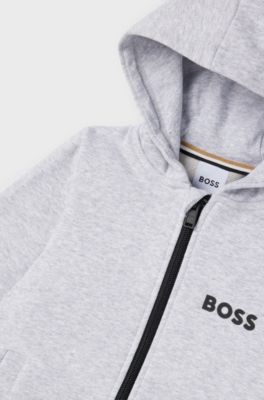 Kids' cotton-blend zip-up hoodie with contrast logo, Light Grey