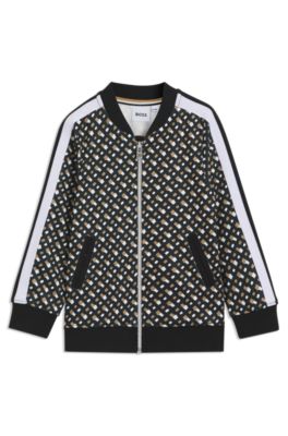 Kids' zip-up jacket with monogram print and stripes, Black