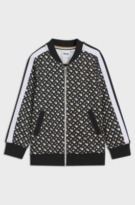 Kids' zip-up jacket with monogram print and stripes, Black