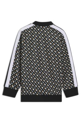 Kids' zip-up jacket with monogram print and stripes, Black