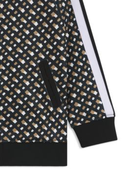 Kids' zip-up jacket with monogram print and stripes, Black