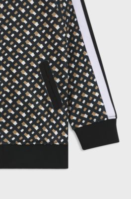 Kids' zip-up jacket with monogram print and stripes, Black