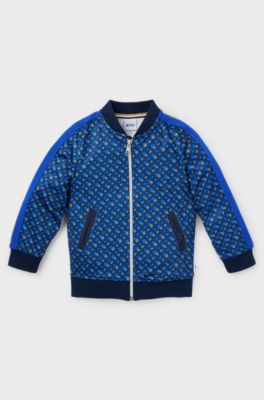 Kids' zip-up jacket with monogram print and stripes, Dark Blue