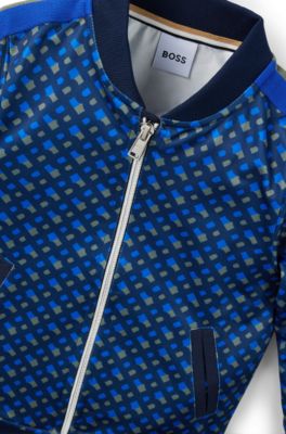 Kids' zip-up jacket with monogram print and stripes, Dark Blue