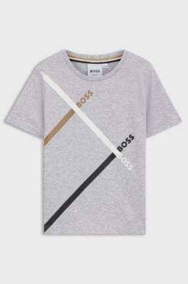 Kids' slim-fit T-shirt in cotton with signature stripes, Light Grey
