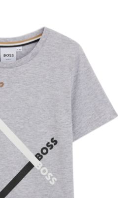 Kids' slim-fit T-shirt in cotton with signature stripes, Light Grey