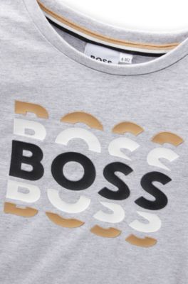 T-shirt med slim fit til b&oslash;rn i bomuld med logografik, Lysegr&aring;