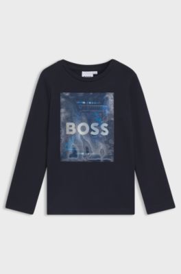 Kids' slim-fit long-sleeved T-shirt with hologram print, Dark Blue