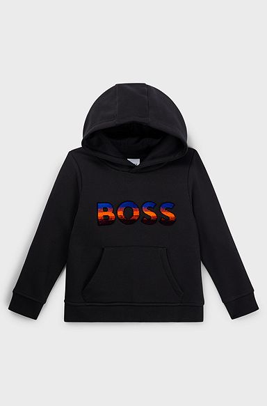 Kids' cotton-blend hoodie with embroidered gradient logo, Black
