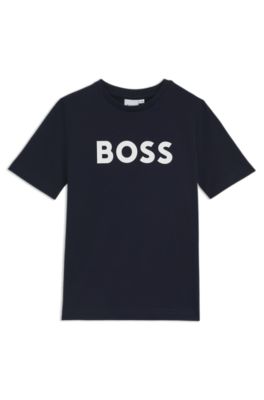 T-shirt per bambini in jersey di cotone con logo a contrasto, Blu scuro