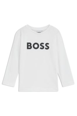 Maglia a maniche lunghe per bambini in cotone con logo a contrasto, Bianco