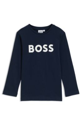 Maglia a maniche lunghe per bambini in cotone con logo a contrasto, Blu scuro