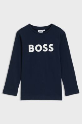 Maglia a maniche lunghe per bambini in cotone con logo a contrasto, Blu scuro