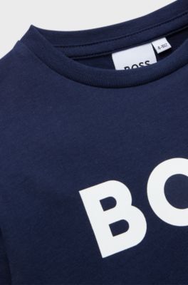 Maglia a maniche lunghe per bambini in cotone con logo a contrasto, Blu scuro