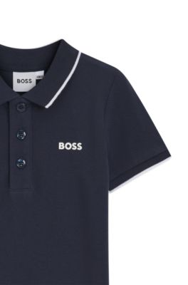 Polo per bambini in piqu&eacute; di cotone con logo stampato, Blu scuro